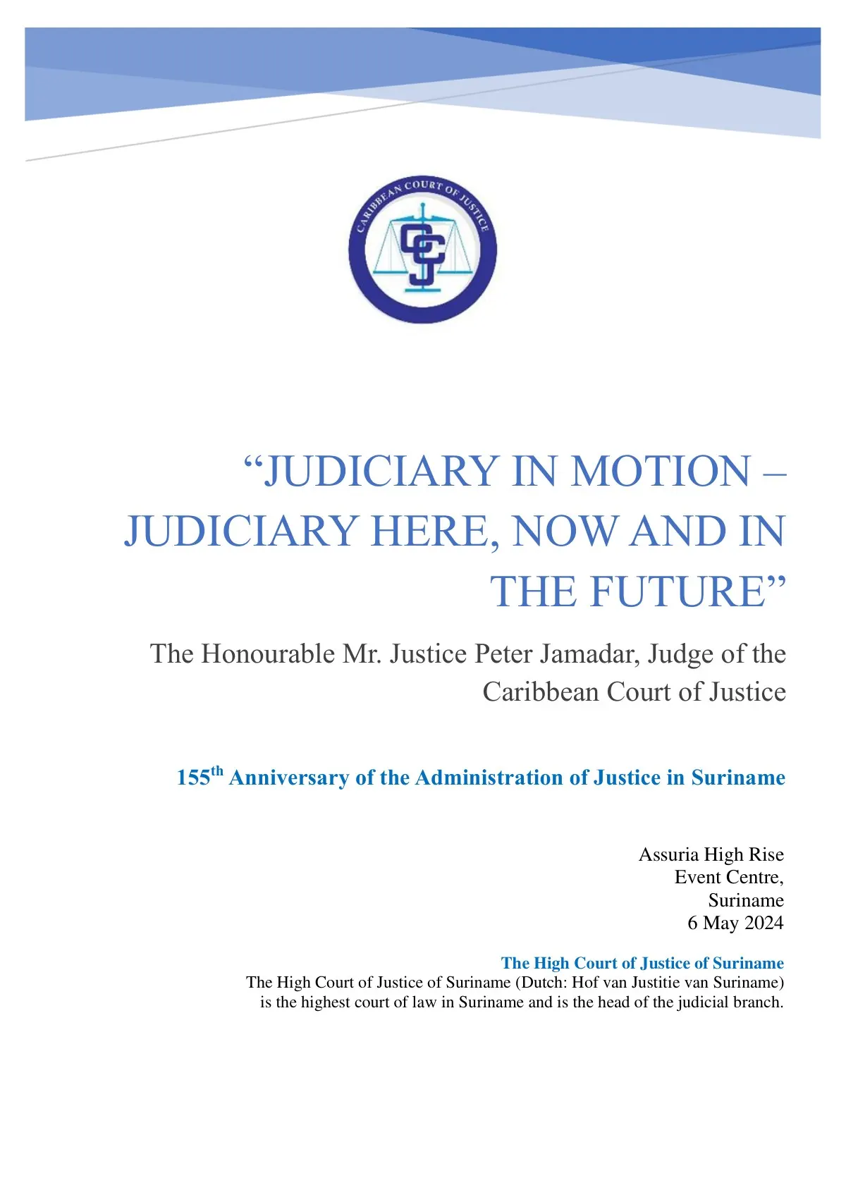 The title page of a paper delivered at the 155th anniversary of the administration of justice in Suriname