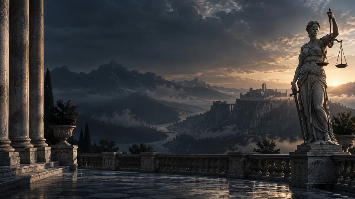 A stone figure of Justice, blindfolded and holding her scales, on a colonnaded terrace above a valley at dawn