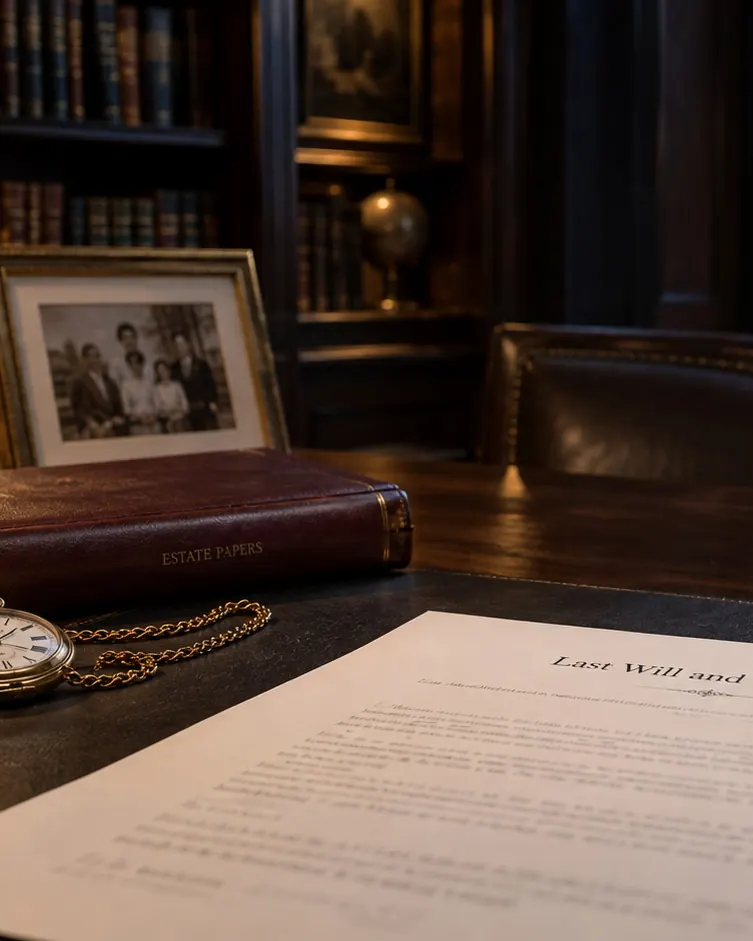 A Last Will and Testament open on a desk, a gold pocket watch and estate papers beside it, a family photograph behind — wills and estates
