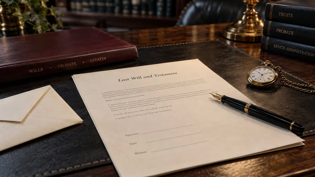 A Last Will and Testament on a leather desk pad, a fountain pen and a gold pocket watch beside it — making a will