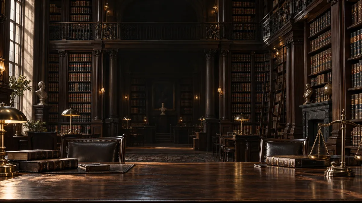 A law library of two storeys, its shelves lit by lamps, a long reading table in the foreground