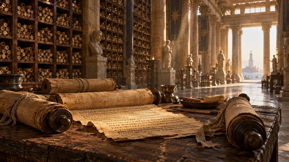 A hall of shelved scrolls, several unrolled on a table in the foreground, a colonnade and the sea beyond