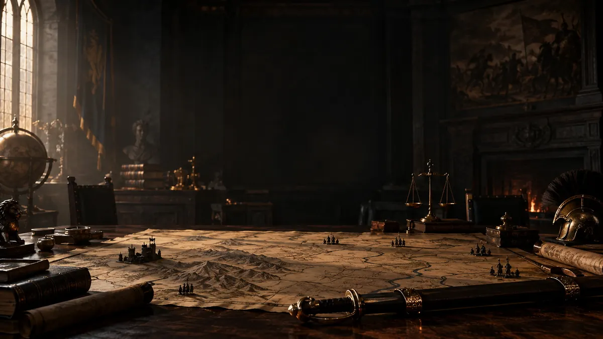 A map spread across a council table, weighted at its corners, scales and a fire beyond it — strategy