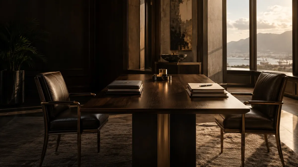 A table and chairs set for a hearing above a lit city at dusk — small claims and the Petty Civil Court