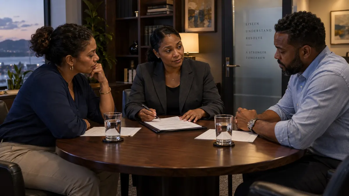 Three people at a round table, a woman in a dark jacket writing on a document between the other two — family matters