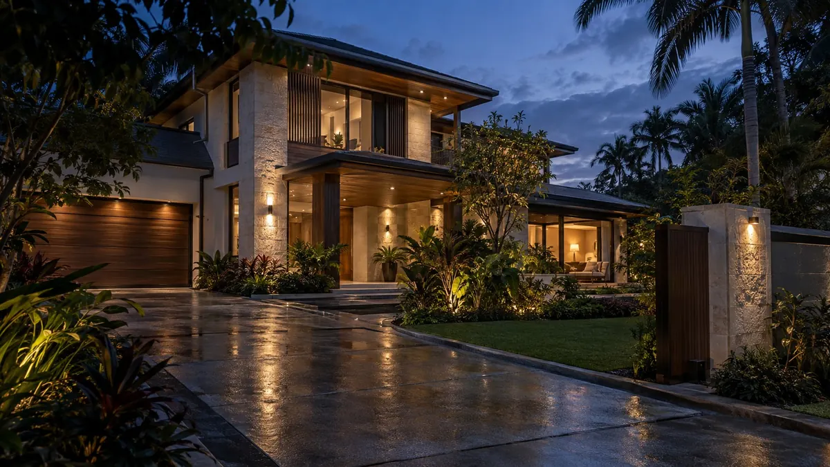 A modern two-storey house at dusk, its lights on, a wet driveway and a tropical garden before it — buying a home
