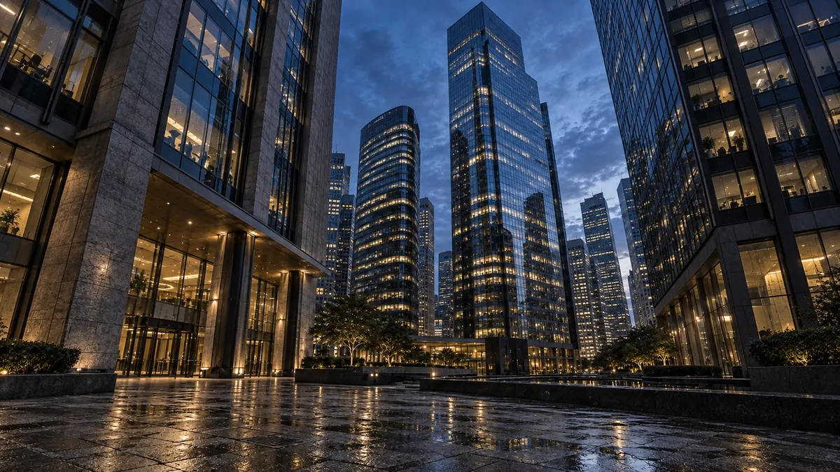 Glass office towers lit at dusk, seen from a wet stone plaza — company and commercial work