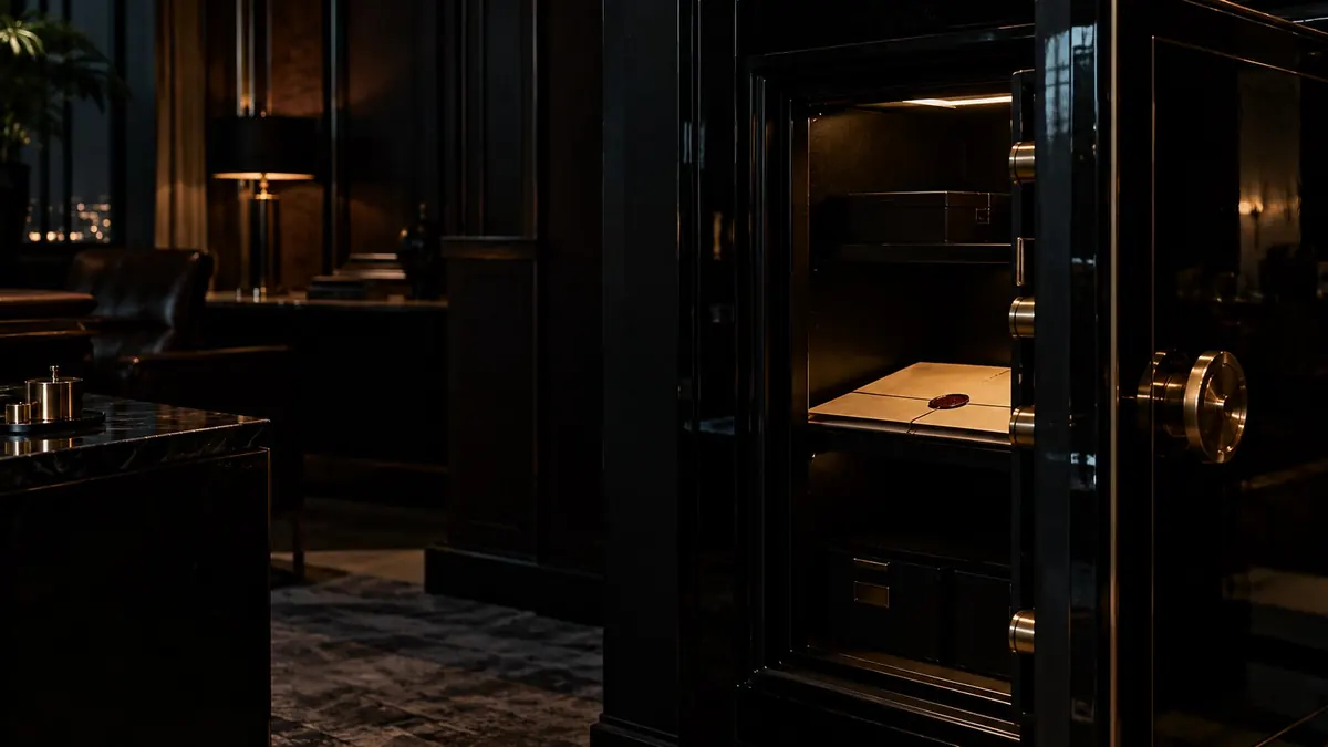 The open door of a document strongroom, a single page on the shelf within — signing a contract without reading it