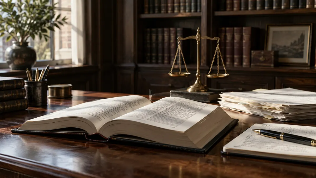 An open law report on a desk, a set of brass scales behind it, a stack of papers and a pen on a notebook beside it