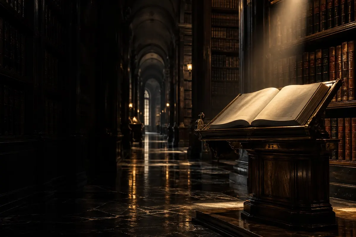 An open volume on a lectern in a vaulted archive of law reports — whether a contract must be in writing