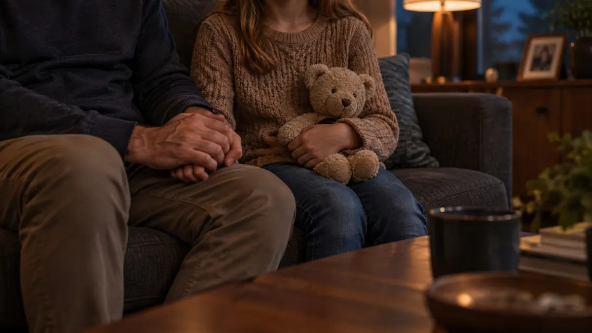 A man and a woman side by side on a sofa, seen from the shoulders down, the woman holding a teddy bear — children and family law