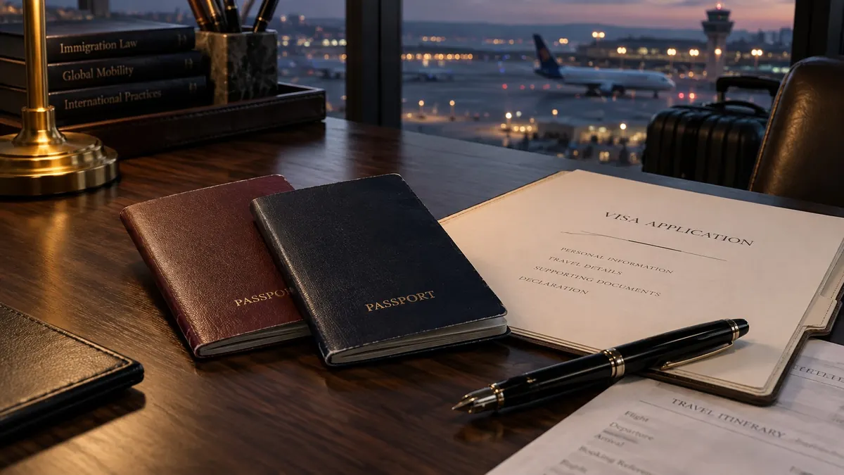 Two passports beside a folder headed Visa Application and a travel itinerary, an airport apron at dusk beyond — visa applications