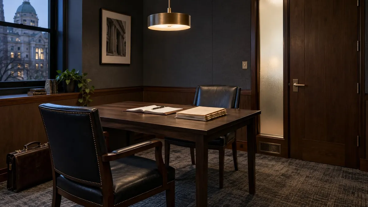 A small private meeting room, a table and two chairs under a lamp, papers and a notebook set out — a confidential consultation