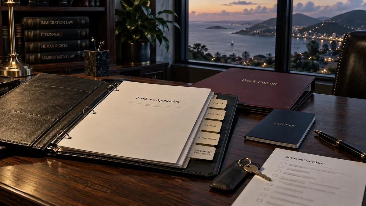 A binder headed Residence Application with a folder marked Work Permit, a passport and a checklist — residence and work permits