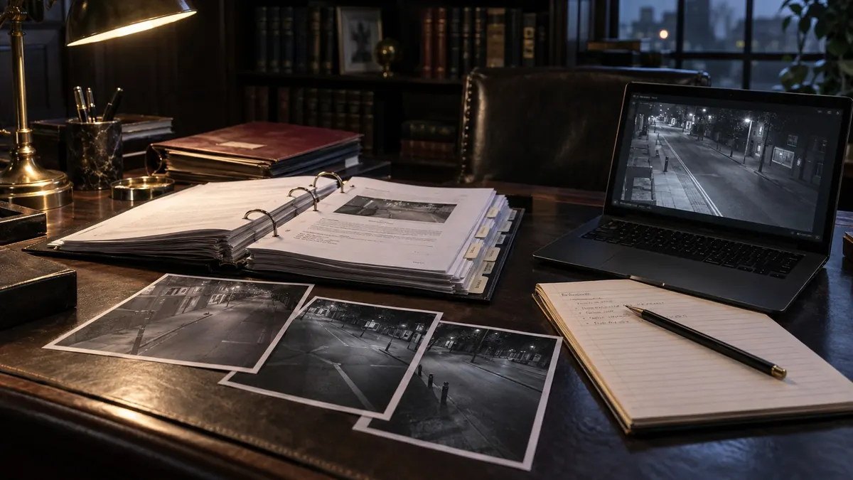 A case file open on a desk, photographs of a street at night beside it and a laptop showing the same street — preparing a criminal defence