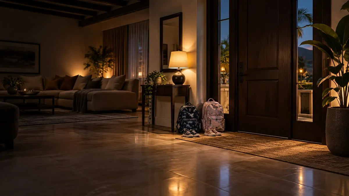Two school bags set down inside the doorway of a lamplit home — child maintenance