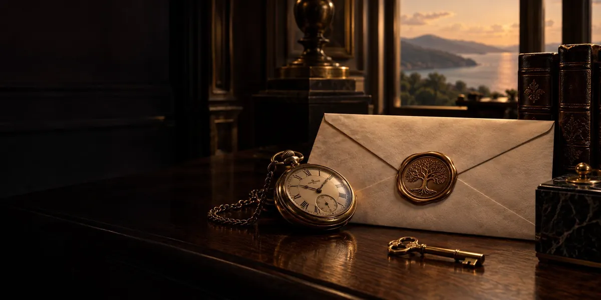 A wax-sealed envelope on a desk beside a pocket watch, a brass key and bound volumes — how long probate takes