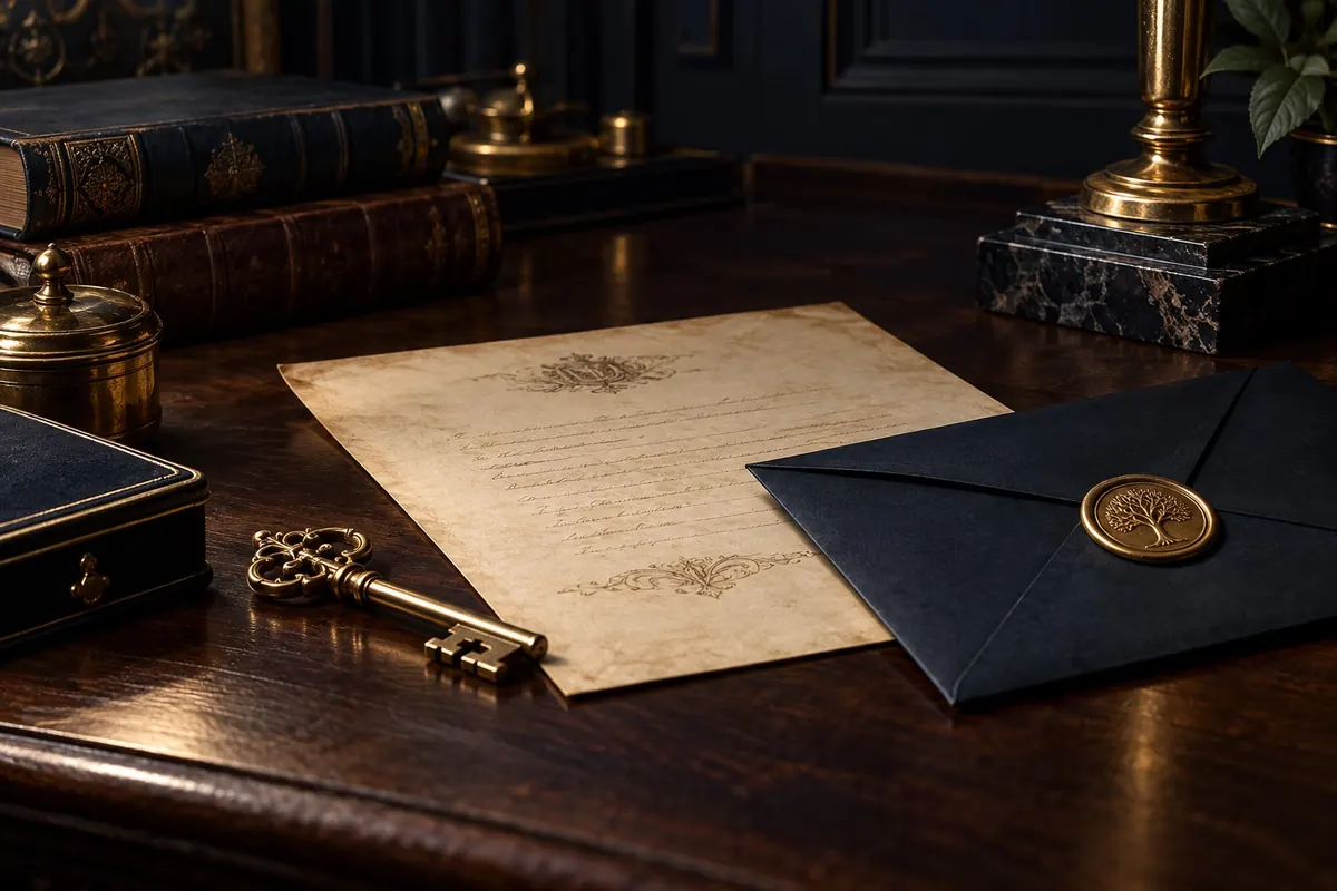 An engraved document beside an envelope closed with a wax seal, two old keys and a brass lamp — wills, probate and estates