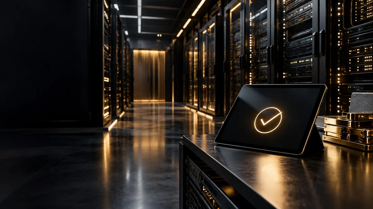 An aisle of servers in low light, an open laptop showing a single tick — contracts made by message and email