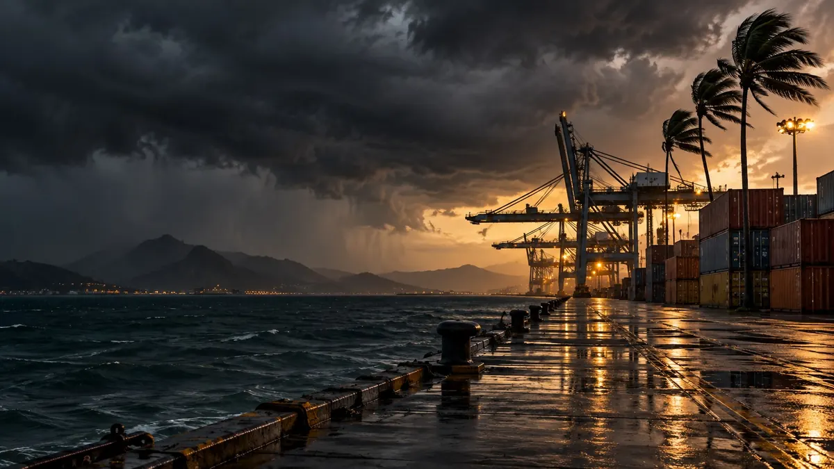Cranes and stacked containers on a quay as a storm gathers — exclusion clauses and no-refunds notices