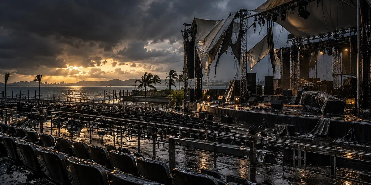 Rows of seating and torn canopies at a waterfront venue after a storm — when a contract is frustrated