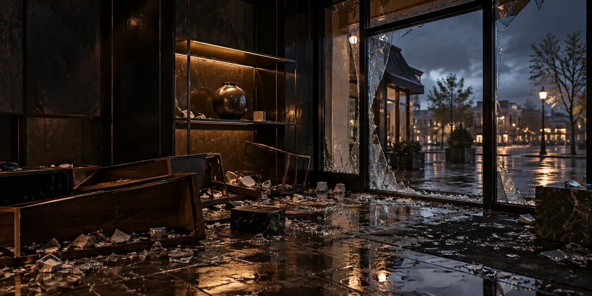 A shopfront with its glass out and its fittings strewn, a wet street beyond — damages for breach of contract
