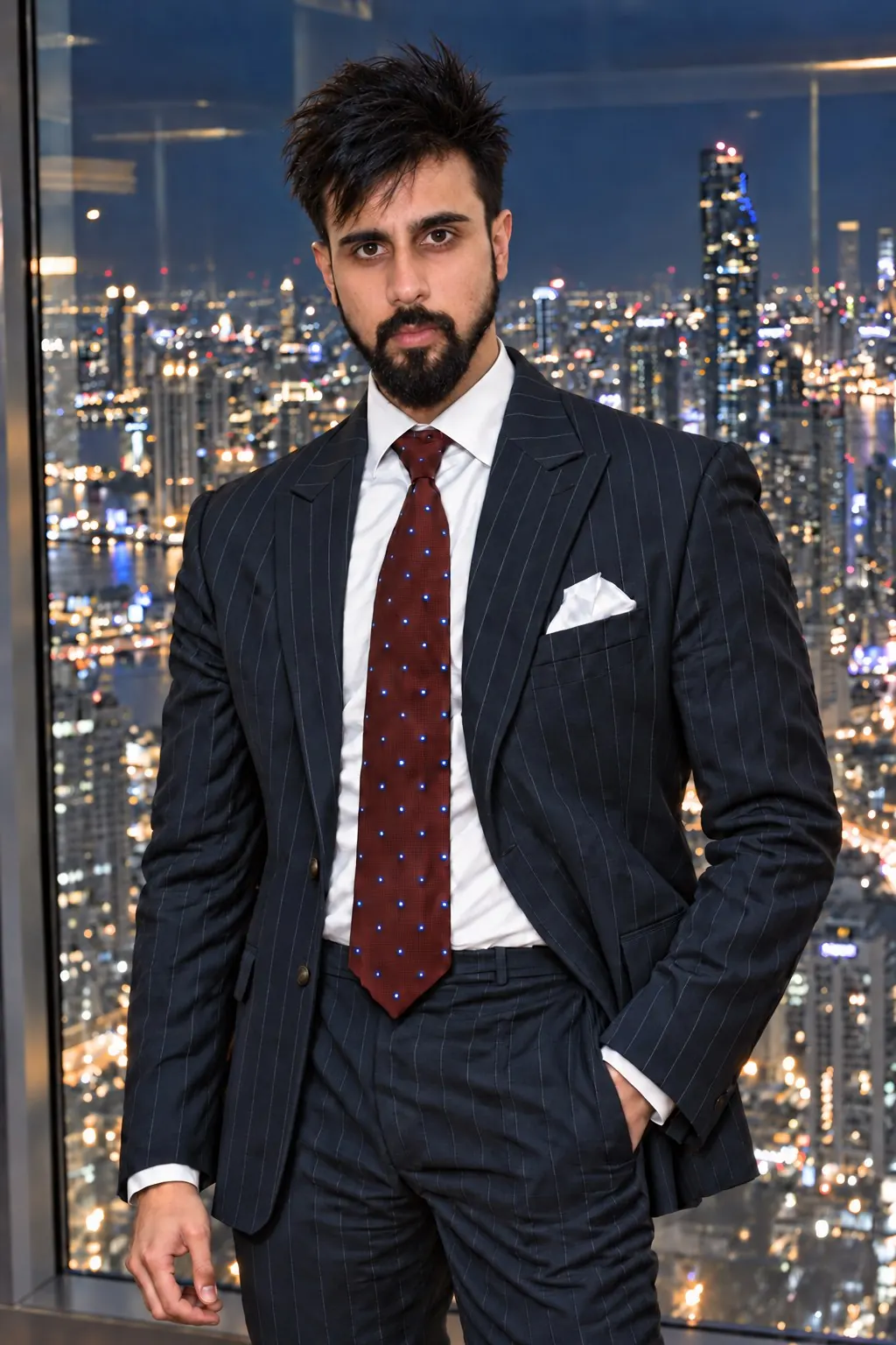 Suraj Sakal, Attorney-at-Law, in a pinstripe suit before a window onto a city lit at night