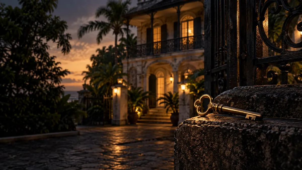 A lit colonial townhouse behind palms at dusk, a single key on the wall in front — specific performance of a sale of land