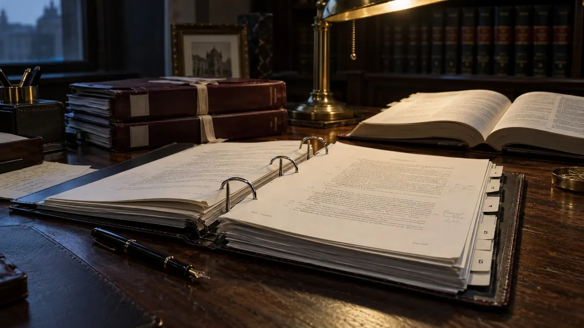A tabbed ring binder of documents open on a desk beside a fountain pen, a brass lamp and an open law report — preparing for trial