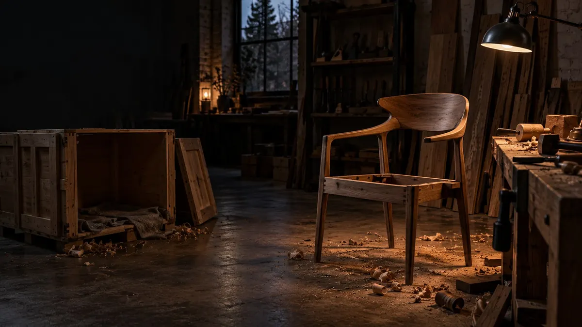 A finished chair beside unassembled parts in a workshop under one lamp — breach of contract