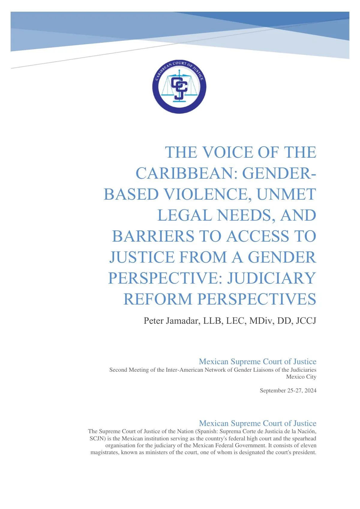 The title page of a paper on gender-based violence, unmet legal needs and barriers to access to justice, delivered to the Mexican Supreme Court of Justice