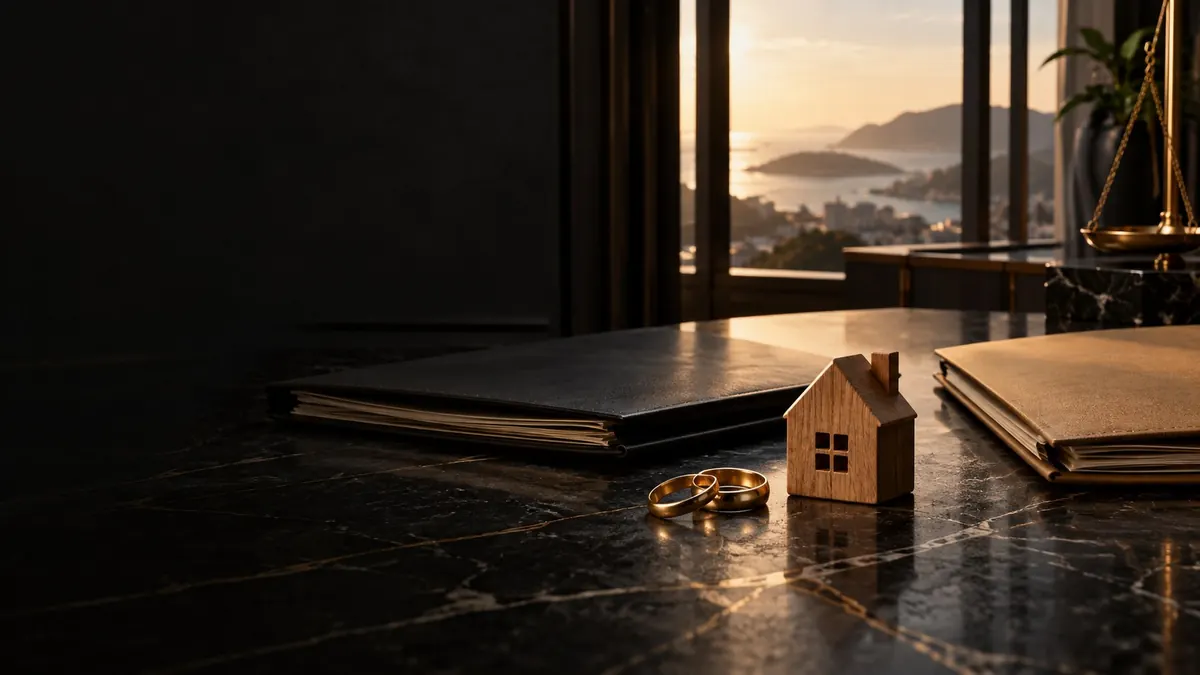 Two wedding rings and a small house on a dark table beside a folded document — the grounds for divorce