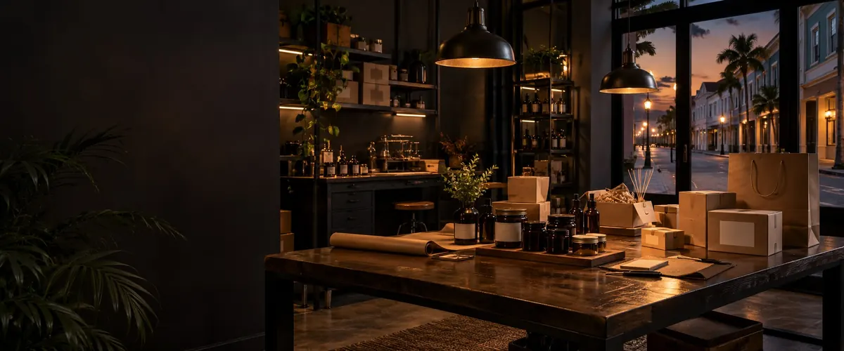 A maker's workbench of tools, materials and finished pieces under pendant lamps — trading alone or as a company