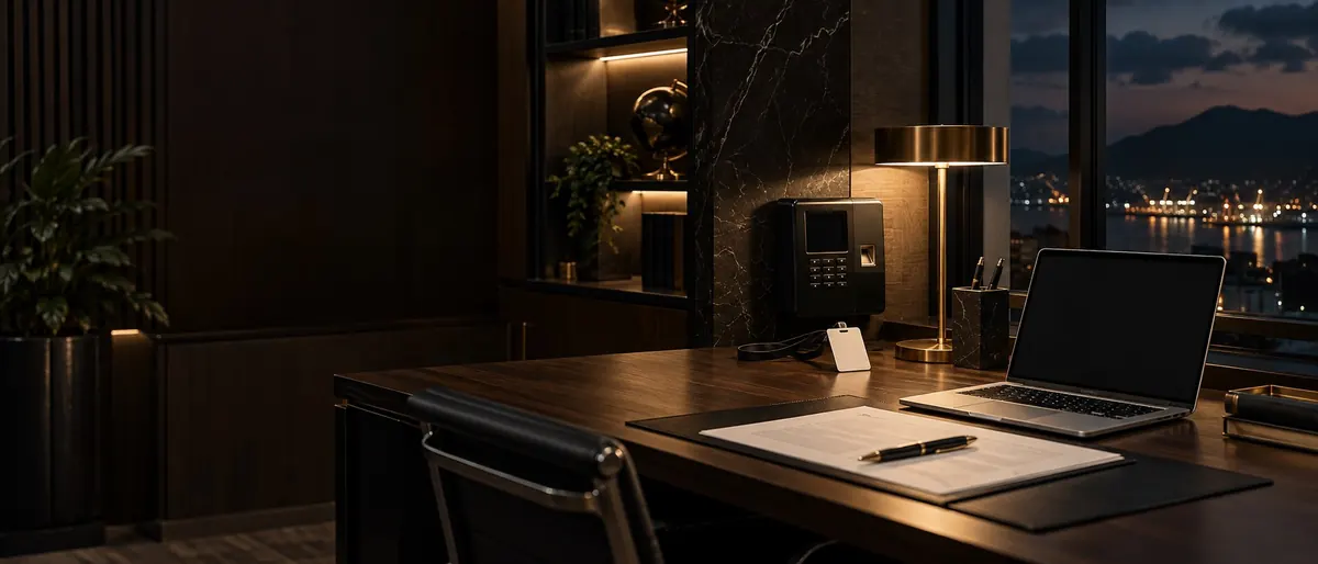 An office workstation at night, the laptop closed and an access badge on the desk — dismissal from employment