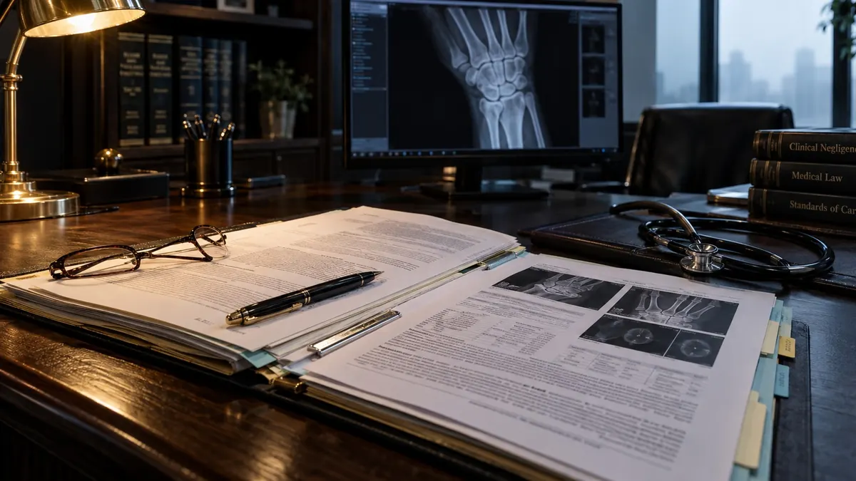 Medical records open on a desk with a stethoscope, an X-ray of a hand on the monitor behind — medical negligence claims
